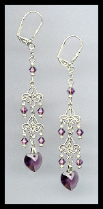 Amethyst Purple Crystal Heart Dangle Earrings