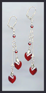 Silver Ruby Red Double Crystal Heart Earrings