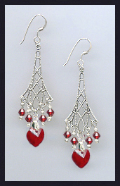 Ruby Red Filigree Heart Earrings