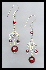 Silver Filigree and Ruby Red Crystal Earrings