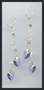Silver Tanzanite Purple Double Crystal Heart Earrings