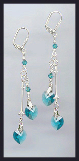 Teal Blue Crystal Heart Drop Earrings