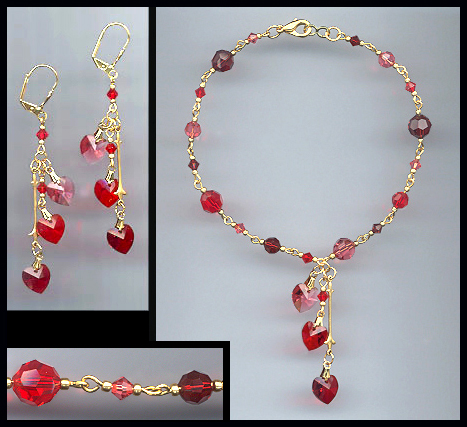Shades of Red Crystal Hearts Anklet Set