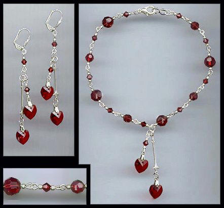 Ruby Red Crystal Heart Anklet Set