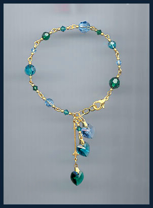 Teal Blue Crystal Hearts Bracelet