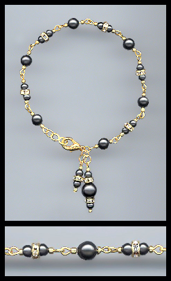 Gold Black Pearl Rondelle Charm Bracelet