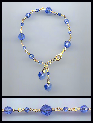 Gold Sapphire Blue Double Crystal Heart Bracelet