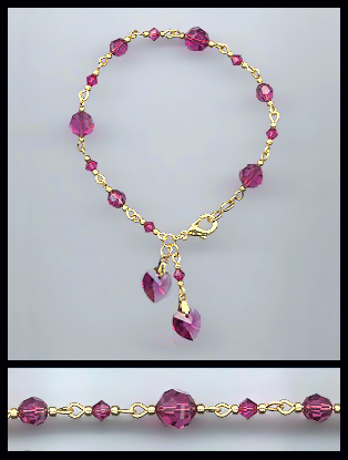 Gold Fuchsia Pink Double Crystal Heart Bracelet