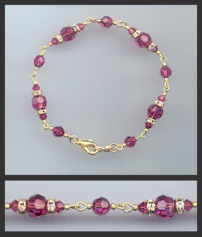 Gold Fuchsia Pink Crystal Rondelle Bracelet Earrings Set