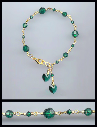 Gold Emerald Green Double Crystal Heart Bracelet