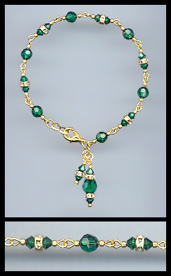 Gold Emerald Green Rondelle Charm Bracelet