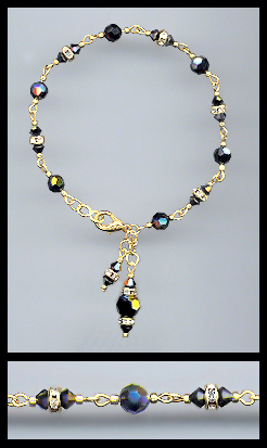Gold Black Aurora Borealis Rondelle Charm Bracelet