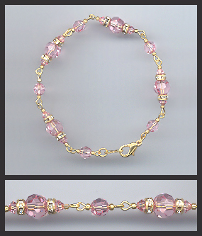 Gold Light Pink Crystal Rondelle Bracelet Earrings Set