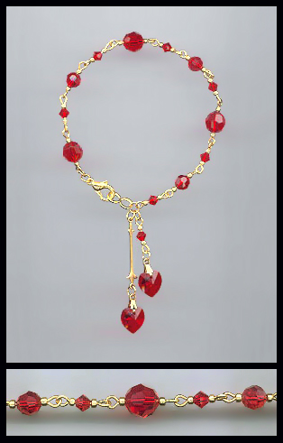 Gold Cherry Red Crystal Heart Bracelet