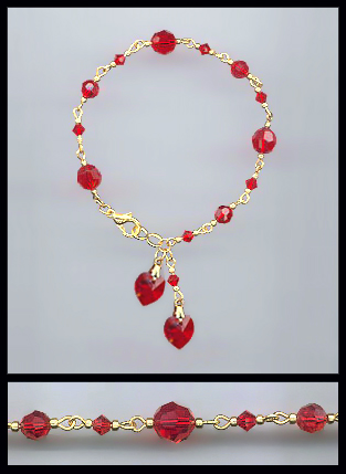 Gold Cherryl Red Double Crystal Heart Bracelet