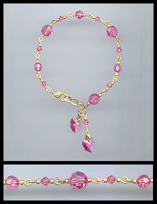 Gold Rose Pink Crystal Charm Bracelet
