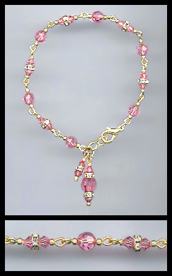 Gold Rose Pink Swarovski Charm Bracelet