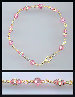 Gold Rose Pink Crystal and Rondelles Bracelet