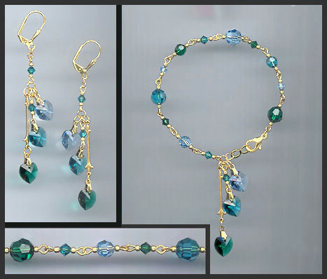 Crystal Teal Blue Hearts Bracelet Set