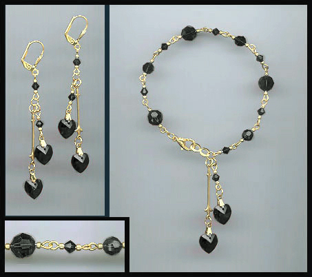 Jet Black Double Heart Bracelet Set