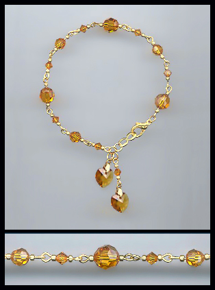 Gold Amber Topaz Double Crystal Heart Bracelet