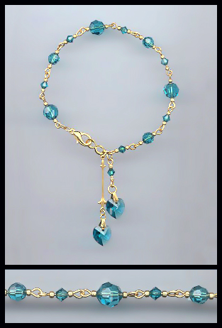Gold Teal Blue Crystal Heart Bracelet
