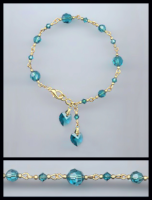 Gold Teal Blue Double Crystal Heart Bracelet