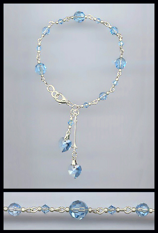 Silver Aquamarine Crystal Heart Bracelet