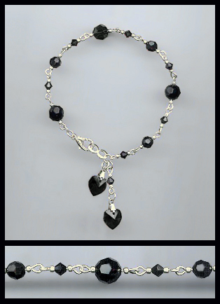Silver Jet Black Double Crystal Heart Bracelet