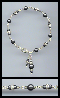 Silver Black Faux Pearl Rondelle Charm Bracelet