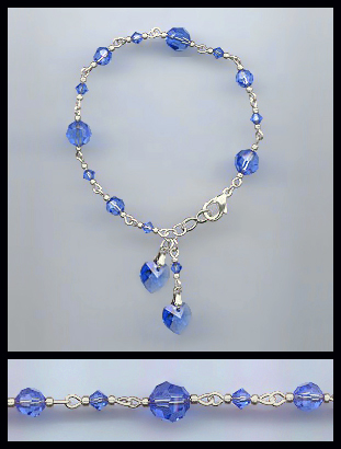 Silver Sapphire Blue Double Crystal Heart Bracelet