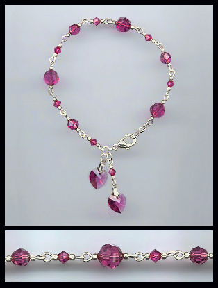 Silver Fuchsia Pink Heart Charm Bracelet
