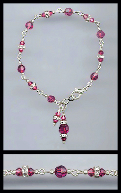 Silver Fuchsia Pink Crystal Charm Bracelet