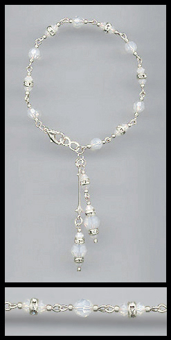 Silver Opal White Crystal Rondelle Drop Bracelet