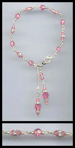 Silver Rose Pink Crystal Rondelle Drop Bracelet