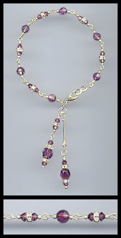 Silver Amethyst Purple Crystal Rondelle Drop Bracelet
