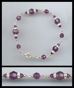 Silver Amethyst Purple Crystal and Rhinestone Bracelet