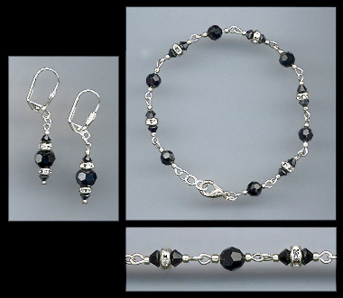 Jet Black Crystal Bracelet Earrings Set