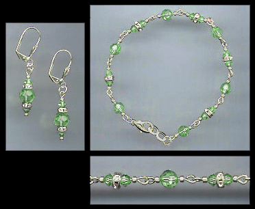 Peridot Green Crystal Bracelet Earrings Set