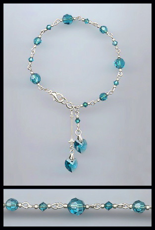 Silver Teal Blue Crystal Heart Bracelet