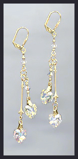 Gold Aurora Borealis Double Crystal Heart Earrings