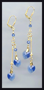Gold Sapphire Blue Double Crystal Heart Earrings