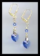 Gold Sapphire Blue Crystal Heart Earrings