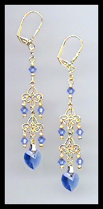 Sapphire Blue Crystal Heart Dangle Earrings