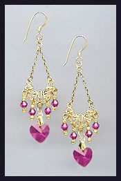 Swarovski Fuchsia Pink Crystal Heart Earrings