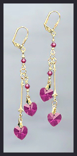 Gold Fuchsia Pink Double Crystal Heart Earrings