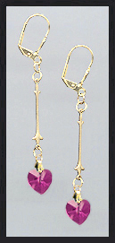 Gold Fuchsia Pink Swarovski Crystal Heart Earrings