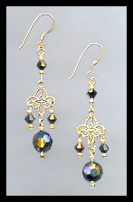 Gold Filigree and Black Aurora Borealis Crystal Earrings