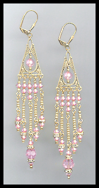 Long Light Pink Crystal Chandelier Earrings