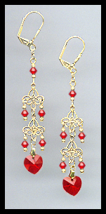Cherry Red Crystal Heart Dangle Earrings